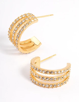 Gold Plated Stainless Steel Diamante Three Hoop Earrings