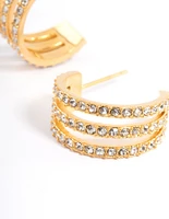 Waterproof Gold Plated Stainless Steel Diamante Three Hoop Earrings