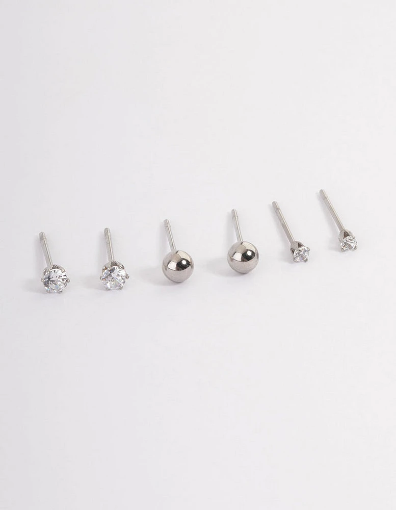 Waterproof Stainless Steel Cubic Zirconia Plain Stud Earrings Pack