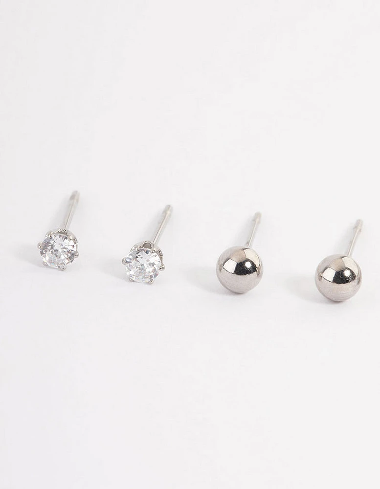 Waterproof Stainless Steel Cubic Zirconia Plain Stud Earrings Pack