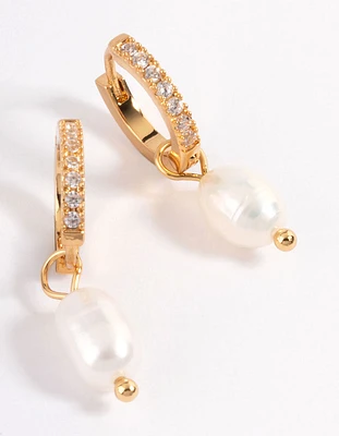 Waterproof Gold Plated Stainless Steel Diamante Freshwater Pearl Drop Huggie Earrings