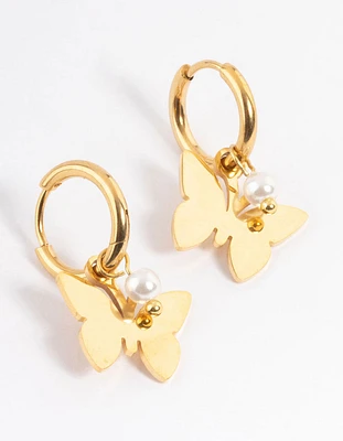 Waterproof Gold Plated Stainless Steel Butterfly Pearl Huggie Earrings