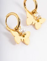 Waterproof Gold Plated Stainless Steel Butterfly Pearl Huggie Earrings