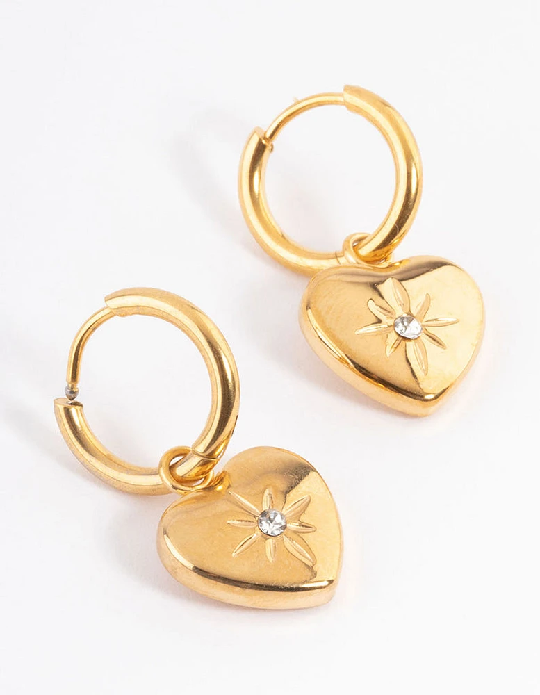 Waterproof Gold Plated Stainless Steel Diamante Heart Huggie Earrings