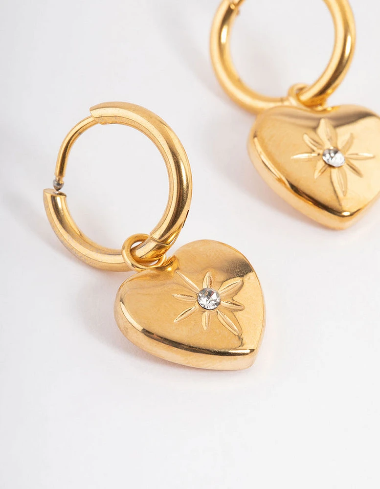 Waterproof Gold Plated Stainless Steel Diamante Heart Huggie Earrings