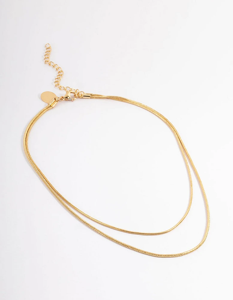 Waterproof Gold Plated Stainless Steel Thin Herringbone Two Layered Necklace