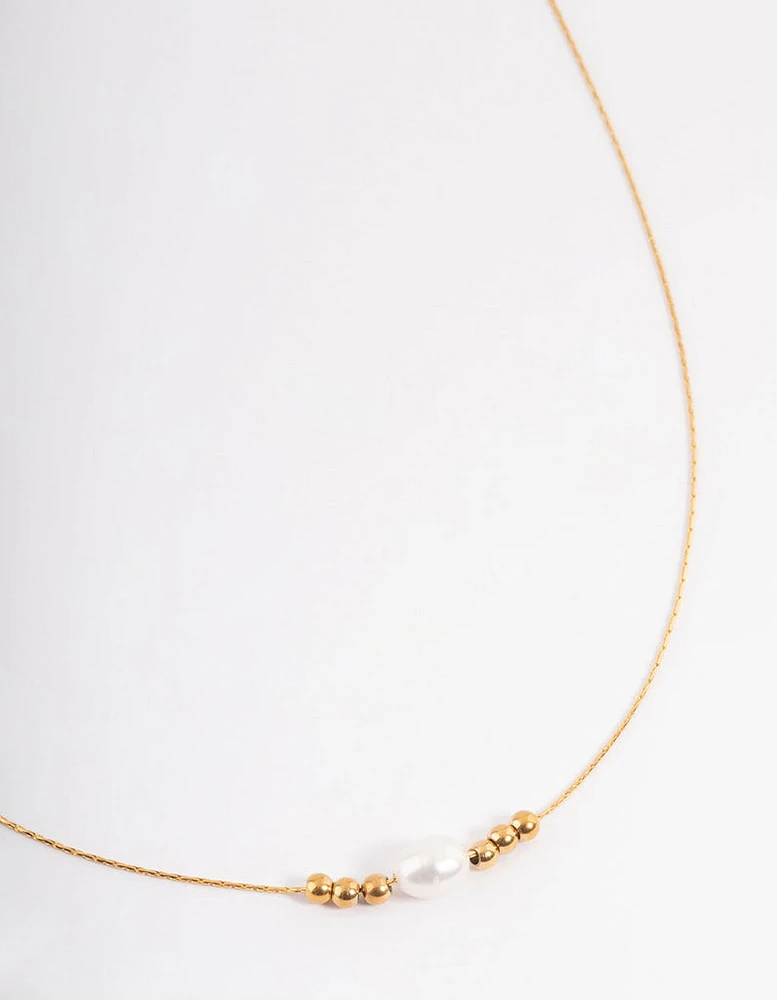 Gold Plated Stainless Steel Ball & Freshwater Pearl Necklace