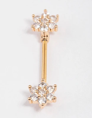 Gold Plated Surgical Steel Cubic Zirconia Flower Nipple Bar