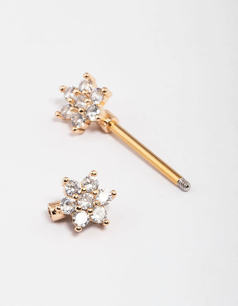 Gold Plated Surgical Steel Cubic Zirconia Flower Nipple Bar