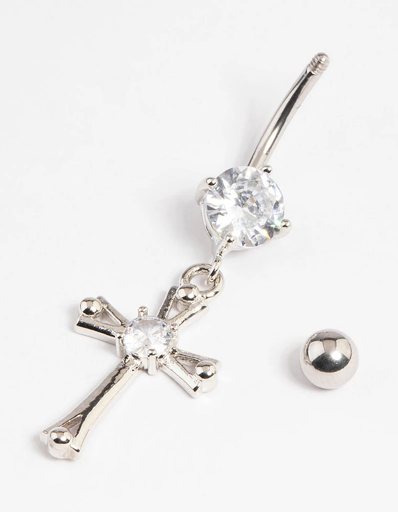 Rhodium Surgical Steel Cubic Zirconia Cross Drop Belly Ring