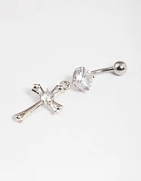 Rhodium Surgical Steel Cubic Zirconia Cross Drop Belly Ring