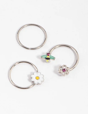 Surgical Steel Flower & Bee Horseshoe Earring Pack