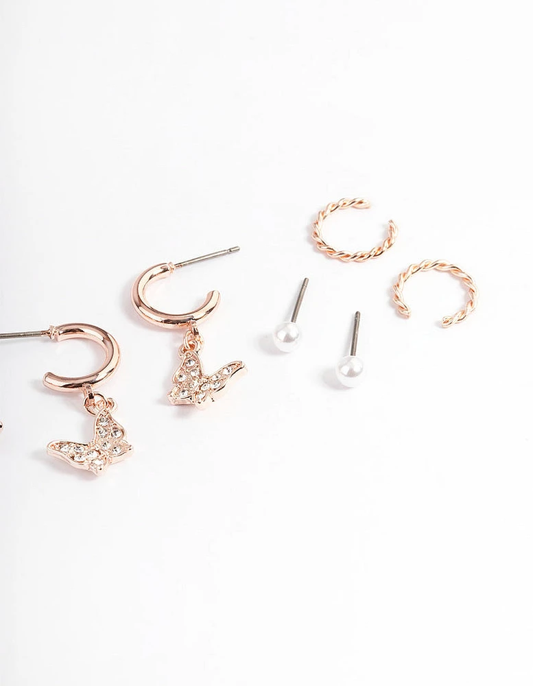 Rose Gold Pearl & Butterfly Earrings 4-Pack