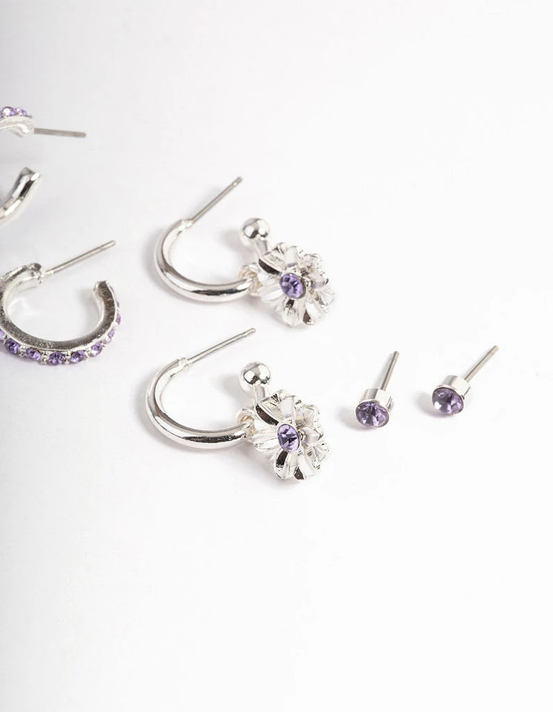 Silver Diamante Purple Daisy Earrings 4-Pack