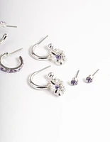 Silver Diamante Purple Daisy Earrings 4-Pack