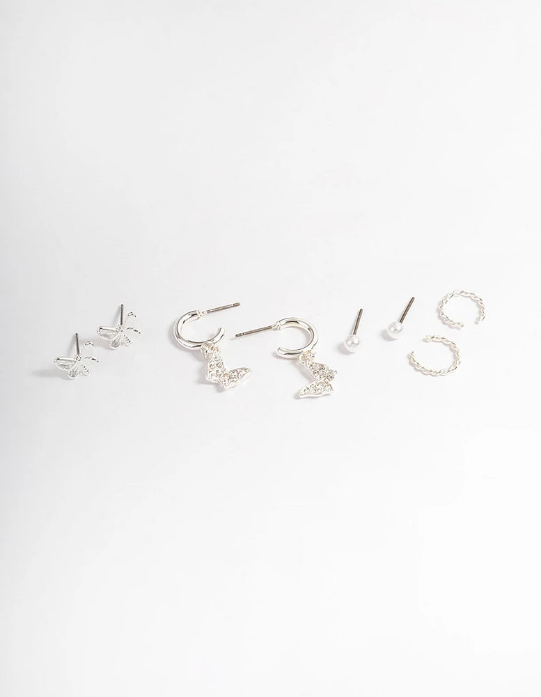 Silver Crystal Butterfly & Pearl Earrings 4-Pack
