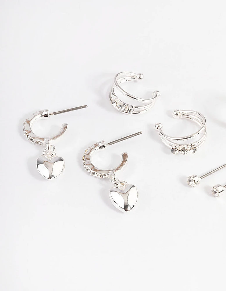 Silver Crystal Puffed Heart Earrings 4-Pack