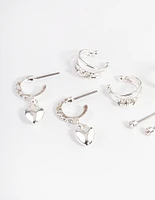 Silver Crystal Puffed Heart Earrings 4-Pack