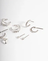 Silver Crystal Puffed Heart Earrings 4-Pack