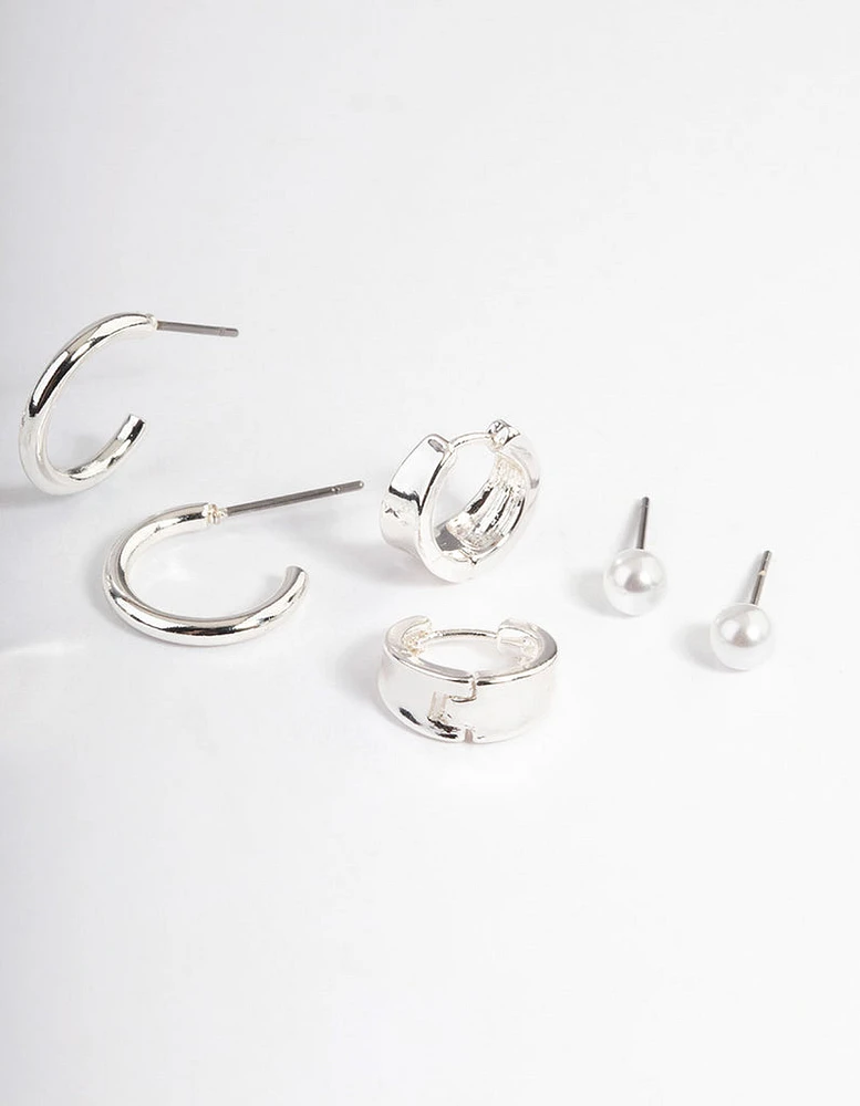 Silver Pearl & Triple Row Cuff Earrings 4-Pack