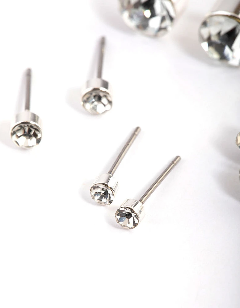 Silver Diamante Stud Earrings 4-Pack