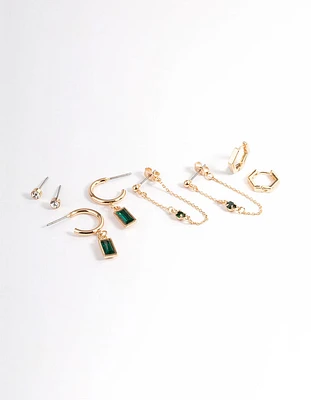 Green Diamante Baguette Earrings 4-Pack