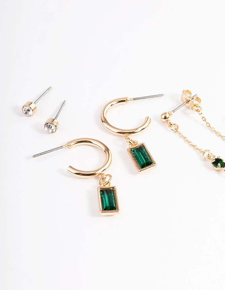 Green Diamante Baguette Earrings 4-Pack