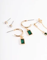 Green Diamante Baguette Earrings 4-Pack