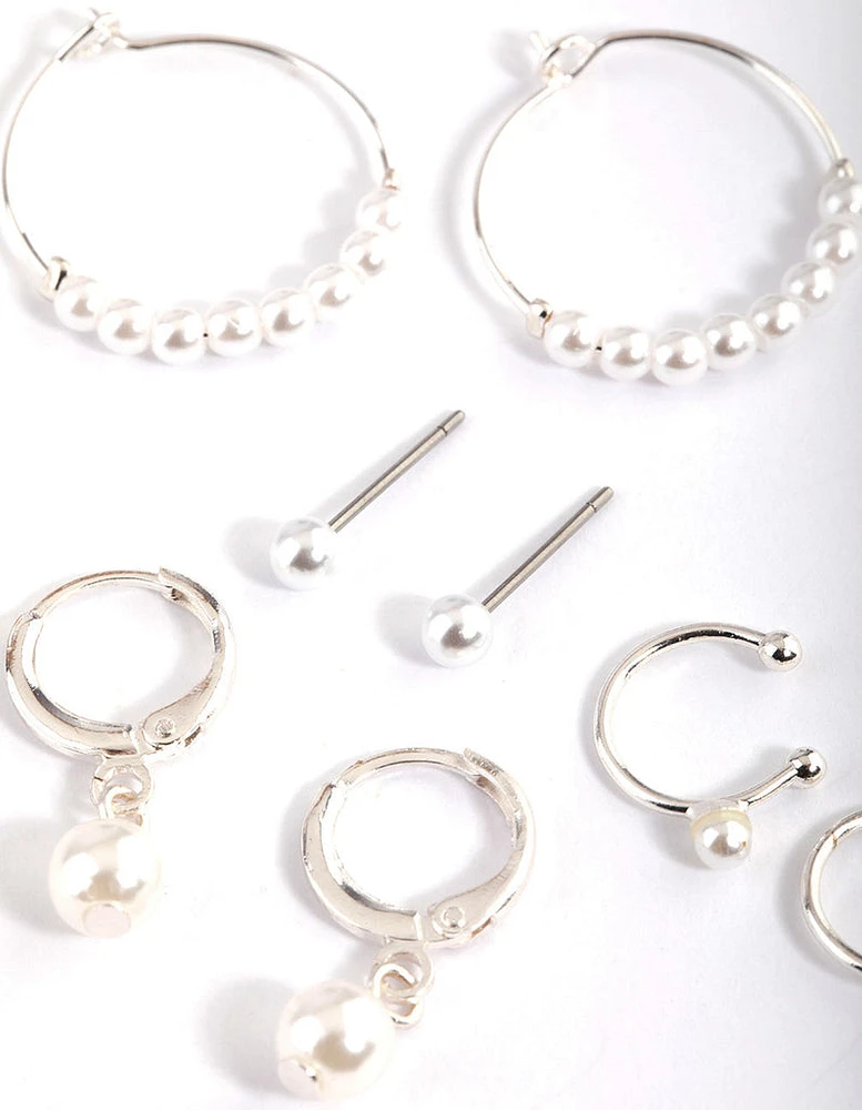 Silver Pearl Charm Hoop Earrings 4-Pack