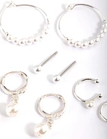 Silver Pearl Charm Hoop Earrings 4-Pack