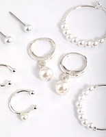 Silver Pearl Charm Hoop Earrings 4-Pack