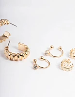 Gold Stretch Texture Hoop Earrings 4-Pack