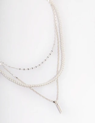 Silver Pearl Mixed Chain Triple Row Necklace