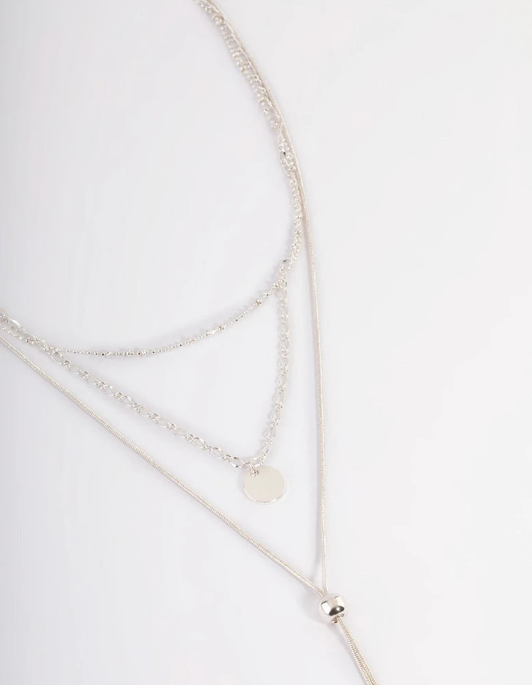 Silver Mixed Disc Pendant Y Layered Necklace