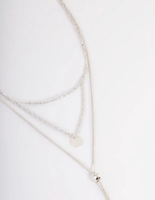 Silver Mixed Disc Pendant Y Layered Necklace