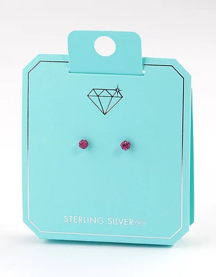 Sterling Silver Pink Pave Ball Stud Earrings 4mm