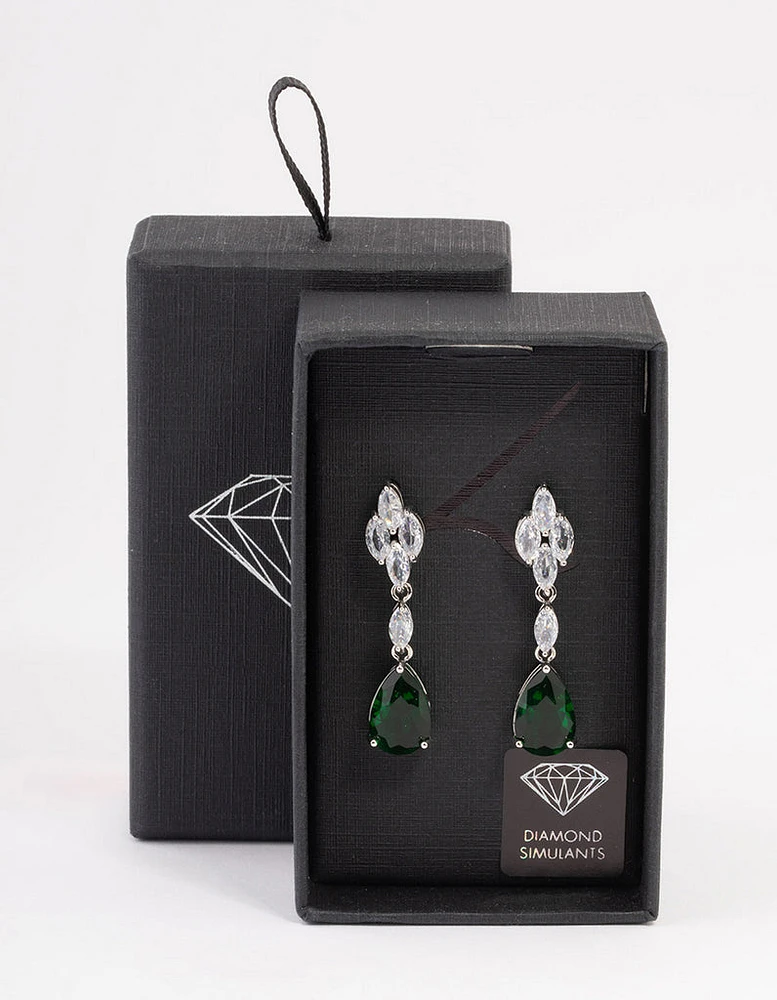 Rhodium Green Pear Drop Diamond Earrings