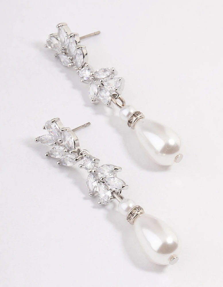 Silver Pearl Petal Drop Earrings