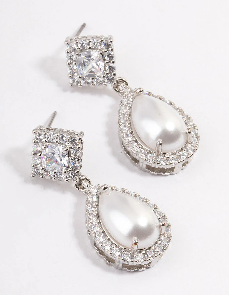 Rhodium Detail Diamond Pearl Drop Earrings