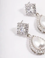 Rhodium Detail Diamond Pearl Drop Earrings