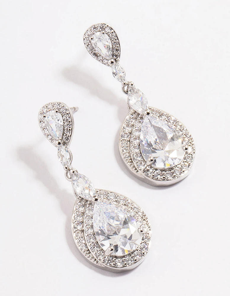 Diamond Simulant Rhodium Detail Pear Drop Earrings