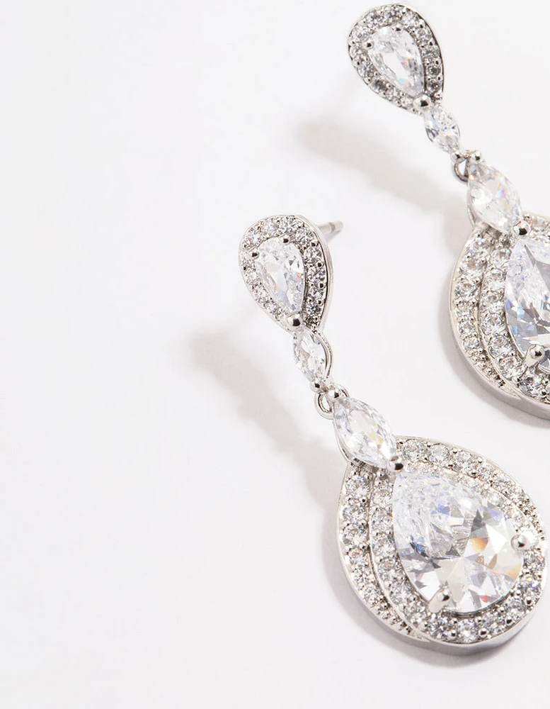 Diamond Simulant Rhodium Detail Pear Drop Earrings