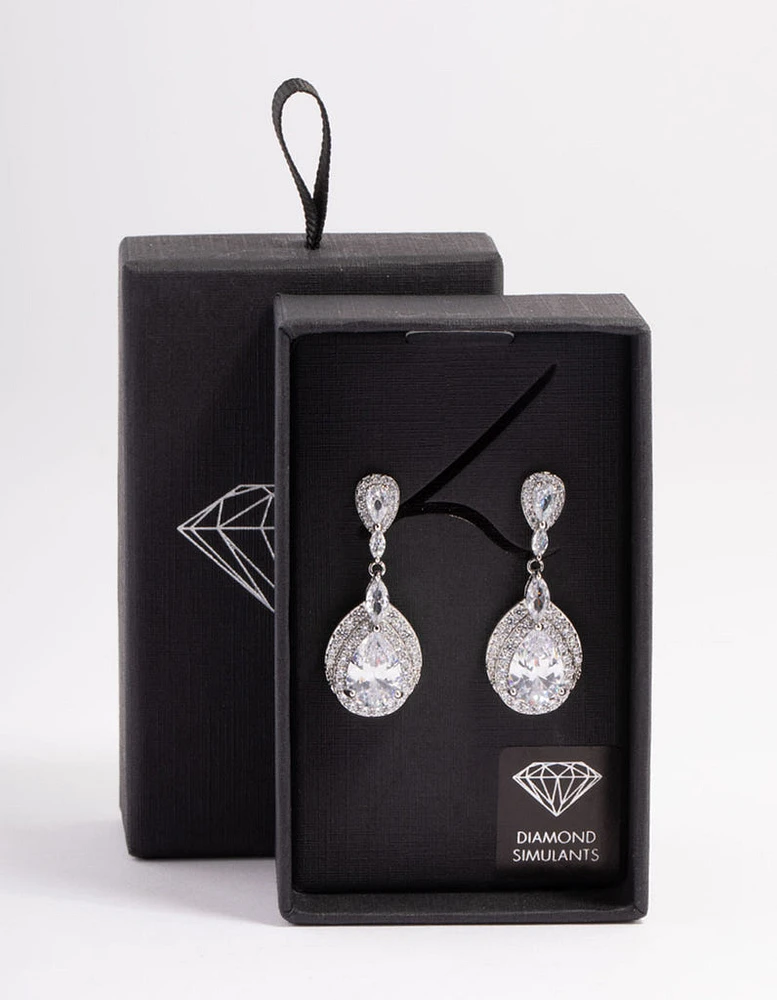 Diamond Simulant Rhodium Detail Pear Drop Earrings