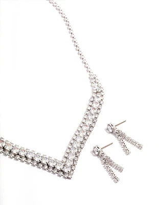 Diamond Simulant Silver Drop Earring & Necklace Set