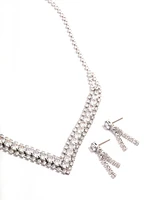 Diamond Simulant Rhodium Drop Earring & Necklace Set