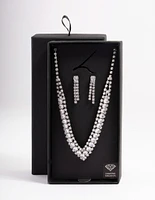 Diamond Simulant Rhodium Drop Earring & Necklace Set