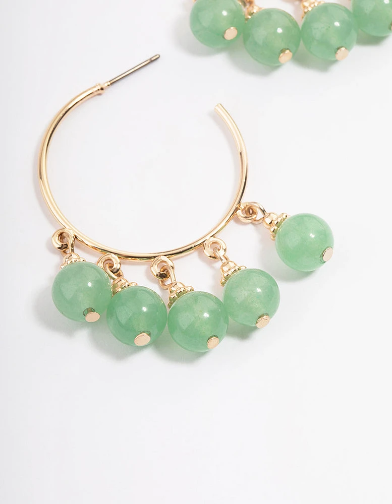 Gold Green Aventurine Beaded Hoop Earrings