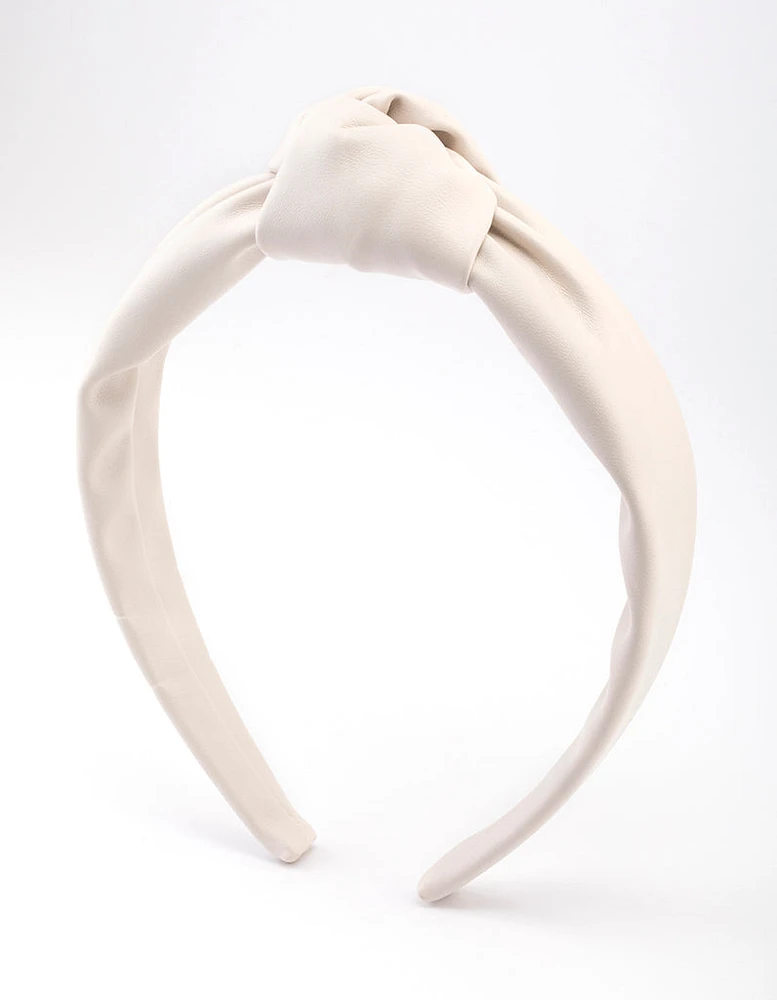 Cream Fabric Faux Leather Large Knot Headband