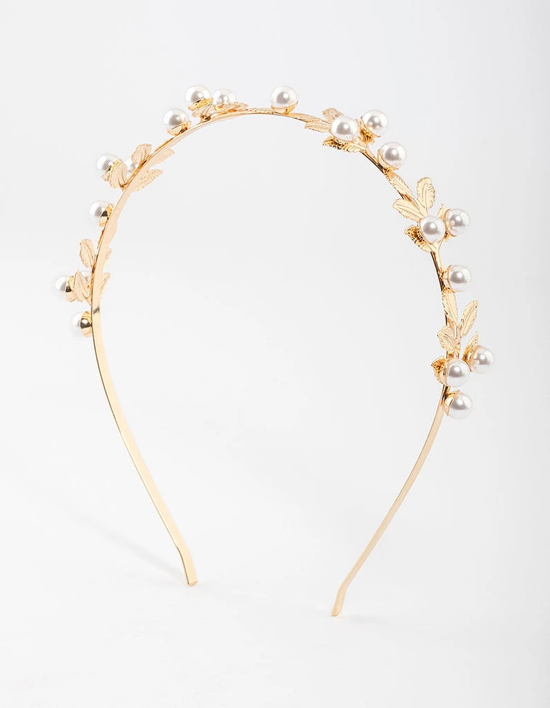 Gold Small Pearl Leaf Headband