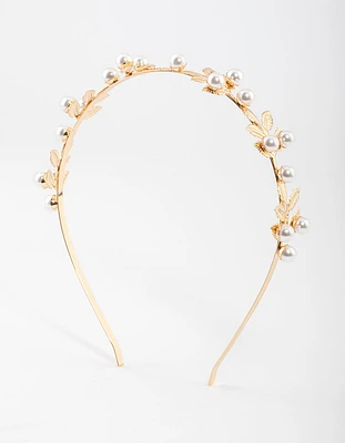 Gold Small Pearl Leaf Headband